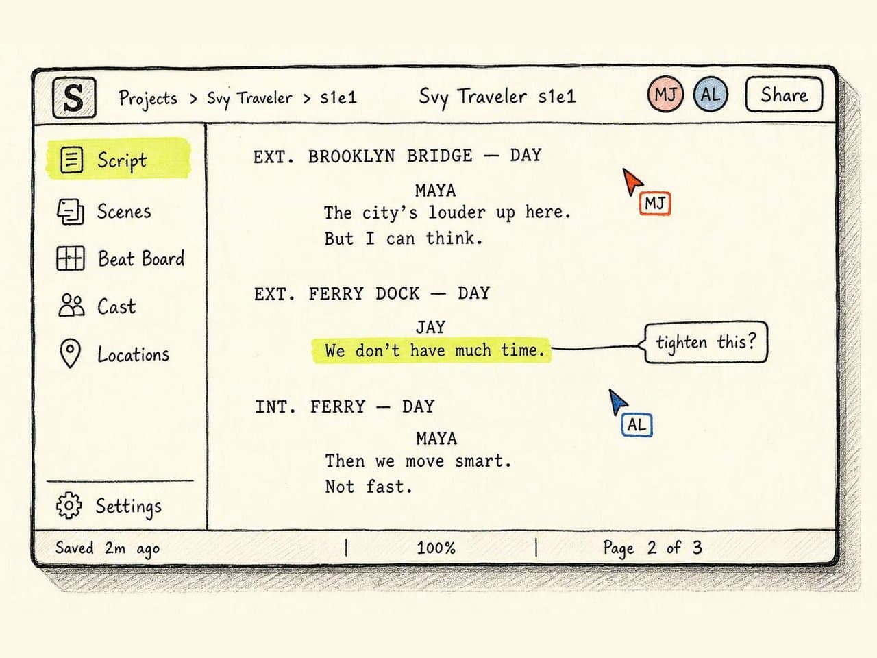 Hand-drawn script editor with two collaborators' cursors and an inline comment on a highlighted line
